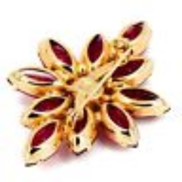 Ruby Red Flower Brooch. Red and Clear Gold Plated - Picture 3 of 4